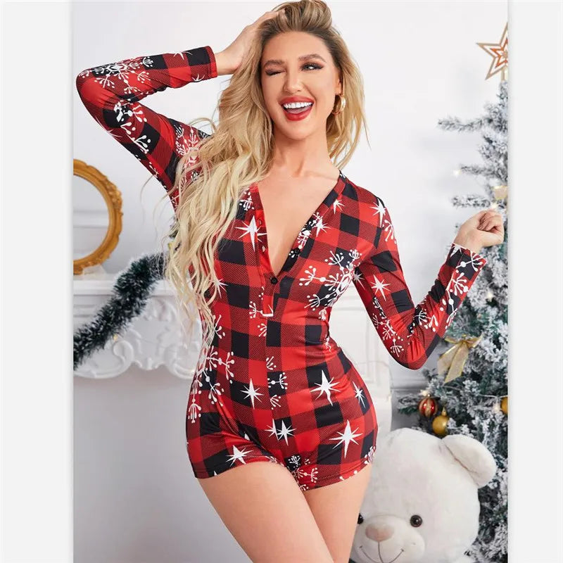 Pijama Y2K-V Bodysuit Estampado de Natal